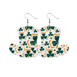 Темно-Зеленый Серьги-подвески из искусственной кожи ко Дню Святого Патрика, платина, шляпа с узором, темно-зеленый, 60x50 мм
