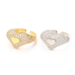 Mixed Color Brass Micro Pave Cubic Zirconia Cuff Ring, Long-Lasting Plated, Heart, Mixed Color, US Size 6 1/2(16.9mm)