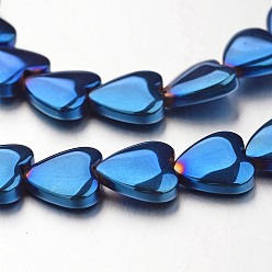 со Синим Покрытием Гальванизировать немагнитных синтетический гематит нитей бисера, сердце, с покрытием синим, 10x10x3 мм, отверстие : 1 мм, около 44 шт / нитка, 15.7 дюйм