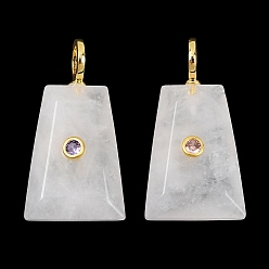 Quartz Crystal Natural Quartz Crystal Pendants, Rock Crystal Trapezoid Charms with Brass Micro Pave Cubic Zirconia(Random Color) Findings, Golden, 34.5x18.5x7.5mm, Hole: 5.5mm