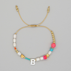 Letter B Initial Letter Natural Pearl Braided Bead Bracelet, Adjustable Bracelet, Letter B, 11 inch(28cm)