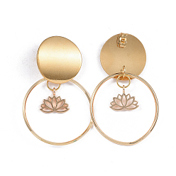Golden 304 Stainless Steel Dangle Stud Earrings, with Ear Nuts and Brass Rings & Pendants, Lotus Flower, Golden, 46~47mm, Pin: 0.8mm