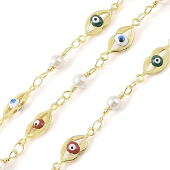 Colorful Enamel Lip Link Chains, with Glass Seed Beaded and Rack Plating Real 18K Gold Plated Brass Chain, Soldered, with Spools, Long-Lasting Plated, Cadmium Free & Lead Free, Colorful, 16x5.6x3mm