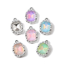 Platinum UV Plating Alloy Glass Pendants, Rectangle Charm, Faceted, Mixed Color, Platinum, 17x12x5.3mm, Hole: 1.8mm