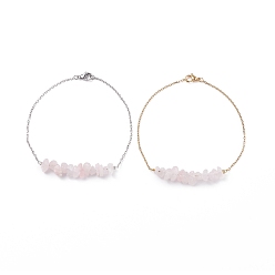 Rose Quartz Natural Rose Quartz Chips Beaded Anklets Set with 304 Stainless Steel Cable Chains, Gemstone Jewelry for Women, 9.84 inch(25cm), 1Pc/color