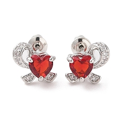 Красный Серьги-гвоздики из латуни с микропаве из кубического циркония, долговечный, цветок, платина, красные, 10x10.5 мм