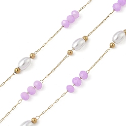 Сливовый 304 кабельные цепи из нержавеющей стали, со стеклом и АБС-пластиком, имитация жемчуга, ионное покрытие (ip), реальный 18 k позолоченный, пайки, с катушкой, круглый с овалом, слива, 9.5x3.5 мм, около 32.81 футов (10 м) / рулон