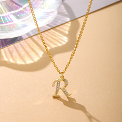 Letter R Модные латунные микропаве прозрачные кубические цирконии начальные подвески ожерелья для женщин, реальный 14 k позолоченный, Буква R, 16.54 дюйм (42 см)