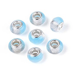 Светло-Голубой Прозрачные европейские бусины-рондель из смолы, с блестящей пудрой и латунными сердечниками платинового тона, бусины с большим отверстием, Небесно-голубой, 14x9 мм, отверстие : 5 мм