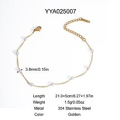 Настоящее золото 18K Элегантные 304 браслеты на лодыжку из круглой цепочки из нержавеющей стали и искусственного жемчуга, белые, реальный 18 k позолоченный, 8-1/4 дюйм (210 мм)