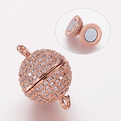 Rose Gold Brass Micro Pave Cubic Zirconia Magnetic Clasps with Loops, Round, Rose Gold, 17x12mm, Hole: 1.5mm