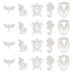 Stainless Steel Color 20Pcs 5 Style 201 Stainless Steel Filigree Joiners Links, Laser Cut, Dragonfly & Sea Turtle & Sea Horse & Wolf & Lion Head, Stainless Steel Color, 13.5~29.5x14~24x1mm, 4pcs/style