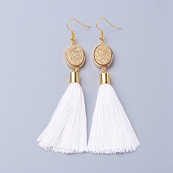 White Ice Silk Thread Tassel Dangle Earrings, with Electroplated Natural Druzy Quartz Crystal and Brass Earring Hooks, Golden, White, 98mm, Pin: 0.6mmg, Pendant: 80x14x7mm