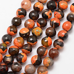 Темно-Оранжевый Бусы из натурального огненного агата с потрескиванием, круглые, класс А, граненые, окрашенная и подогревом, темно-оранжевый, 12 мм, отверстие : 1 мм, около 32 шт / нитка, 15 дюйм