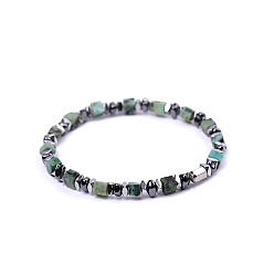 African Turquoise(Jasper) Natural African Turquoise(Jasper) Cube Beaded Stretch Bracelets for Women, with Synthetic Non-magnetic Hematite and Stainless Steel Beads, Stainless Steel Color, 7.09 inch(18cm)~7.28 inch(18.5cm)