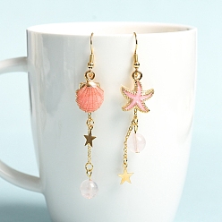Rose Quartz Natural Rose Quartz Dangle Earrings, Alloy Enamel Starfish & Shell Asymmetrical Earrings for Women, 75x8mm