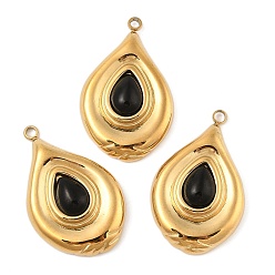 Black Onyx Подвески из натурального черного оникса (окрашенные и нагретые), 304 подвески-слезинки из нержавеющей стали, реальный 18 k позолоченный, вакуумное покрытие pvd, 28.5x18.5x6 мм, отверстие : 1.8 мм