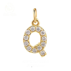 Letter Q Подвески из латуни с фианитами и переходными кольцами, реальный 18 k позолоченный, Буква Q, 15x10.5x2.2 мм, отверстие : 2.8 мм