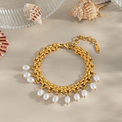 Золотой 304 из нержавеющей стали шарм браслеты, браслеты-цепочки для женщин, со стеклянной имитацией жемчуга, золотые, 7-1/8 дюйм (18 см)