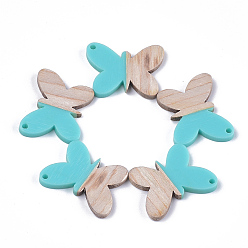Dark Turquoise Resin & Wood Pendants, Butterfly, Dark Turquoise, 21.5x27.5x3mm, Hole: 1.8mm