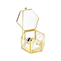 Clear Glass Jewelry Presentation Boxes with Golden Tone Metal Frame, for Necklaces Storage, Hexagon, Clear, 8.1x8.1x4.5cm