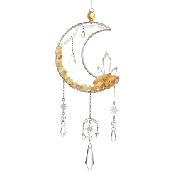 Topaz Jade Moon Natural Topaz Jade & 304 Stainless Steel & Brass Suncatchers, Glass Tassel Decorative Hanging Crystal Prism for Window & Garden, 345x97mm