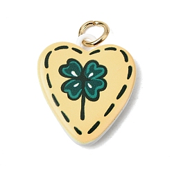 Клевер Печать 304 подвески из нержавеющей стали, светло-желтый, золотые, сердце с подвеской в виде клевера, 21.6x19x3.6 мм, Перейти кольцо: 6x1 мм, внутренний диаметр: 4 мм