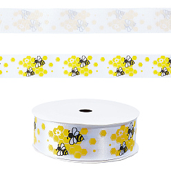 White Polyester Ribbon, Bees, for Garment Accessories, Gift Decoration, White, 1 inch(25mm), about 9.84 Yards(9m)/Roll