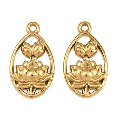Real 18K Gold Plated 304 Stainless Steel Pendants, Teardrop with Lotus Charms, Ion Plating(IP), Real 18K Gold Plated, 27x15x3mm, Hole: 1.8mm