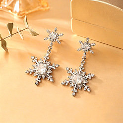 Platinum Brass Micro Pave Clear Cubic Zirconia Stud Dangle Earrings, Snowflake, Platinum, 43x24mm