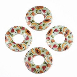 Pale Turquoise Fruit Seris Printed Wood Pendants, Donut with Papaya Pattern, Pale Turquoise, 45x5mm, Hole: 1.6mm