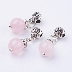 Pink Natural Agate Pendants, with Alloy Findings, Round, Antique Silver, Dyed, Pink, 24x8mm, Hole: 2.5mm