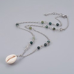 Moss Agate Cowrie Shell Pendant Necklaces, with Moss Agate Beads and 304 Stainless Steel Chains, 19.9~20.9 inch(50.5~53cm)
