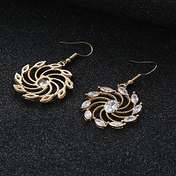 Золотой Серьги-подвески с цветочным латунным микропаве из прозрачных кубических цирконий, золотые, 26 мм