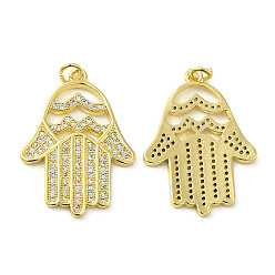 Real 18K Gold Plated Rack Plating Brass with Cubic Zirconia Pendants, with Jump Ring, Long-Lasting Plated, Cadmium Free & Lead Free, Hamsa Hand Charm, Real 18K Gold Plated, 31x21x1.5mm, Hole: 2.8mm