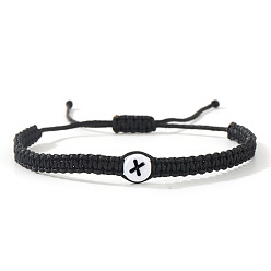 Letter X Плоские круглые браслеты из плетеных бусин из смоляных бусин с буквенным узором, регулируемые плетеные браслеты из хлопкового шнура для мужчин и женщин, Письмо X, 11.02 дюйм (28 см)