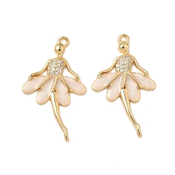 Настоящее золото 18K Латунные микропаве прозрачные подвески с фианитом, без никеля , балет девушка, с эмалью, реальный 18 k позолоченный, 30x18x2.8 мм, отверстие : 1.4 мм