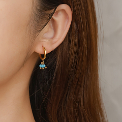 Золотой Круглые серьги-кольца из нержавеющей стали, с синтетическими бирюзовый, золотые, 11.1x5.46x14.3 мм