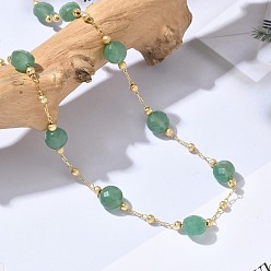 Green Aventurine Natural Green Aventurine Faceted Flat Round Beaded Chain Necklaces with Matte Brass Beads, 304 Stainless Steel Jewelry for Women, Golden, Long-Lasting Plated, 25.16 inch(63.9cm)