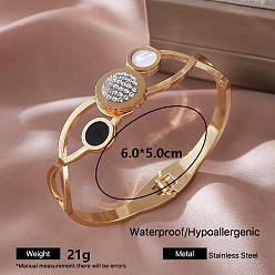 Flat Round 304 Stainless Steel Black Enamel Hinged Cuff Bangles with Crystal Rhinestone and Natural White Shell for Women, Golden, Flat Round, Inner Diameter: 2.36 inch(6cm)