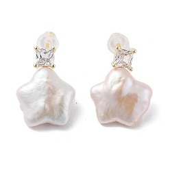 Real 14K Gold Plated Star Natural Pearl Stud Earrings with Brass Glass and 925 Sterling Silver Pins, Real 14K Gold Plated, 18~18.5x13.5~14mm