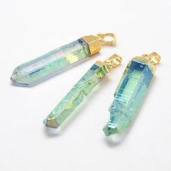 Светло-голубой Гальванизировать природный кристалл кварца подвески, с латунной фурнитурой , граненые, самородки, светло-голубой, 51~54x11~13x7~11 мм, отверстие : 5x8 мм