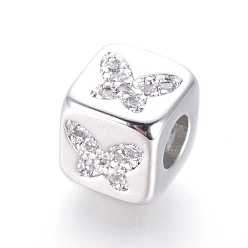 Platinum Brass Beads, with Micro Pave Cubic Zirconia, Cube with Butterfly, Clear, Platinum, 6x6x6mm, Hole: 3mm