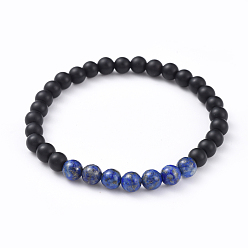 Lapis Lazuli Unisex Natural Black Agate(Dyed) Beads Stretch Bracelets, with Natural Lapis Lazuli Beads, Round, 2-1/8 inch(5.5cm)