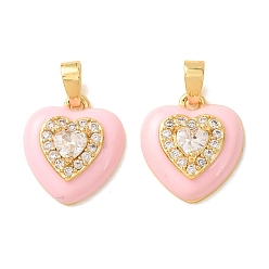 Pink Латунные микропаве прозрачные кубические циркониевые подвески, с эмалью, сердце прелести, реальный 18 k позолоченный, розовые, 14.5x13x5 мм, отверстие : 5x2 мм