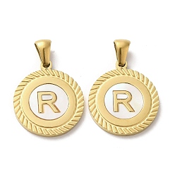 Letter R Ионное покрытие (ip) 304 подвески из нержавеющей стали, плоские круглые подвески-ракушки с буквой, золотые, Буква R, 20.5x17.5x1.5 мм, отверстие : 2.5x4.5 мм