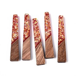 Темно-Красный Подвески из непрозрачной смолы и орехового дерева, трапециевидные подвески, с блестящей пудрой и золотой фольгой, темно-красный, 44.5x8x3~3.5 мм, отверстие : 2 мм