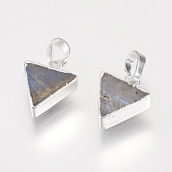 Silver Natural Larvikite Pendants, with Brass Findings, Triangle, Silver Color Plated, 13.5~14x11x4~5mm, Hole: 4x6mm