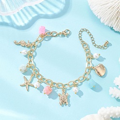 Золотой Тема океана 304 браслеты с подвесками из нержавеющей стали, Браслеты для женщин с подвесками из натурального агата и стеклянных жемчужин., морской конек, морская звезда, черепаха и панцирь, золотые, 7.09 дюйм (18 см)