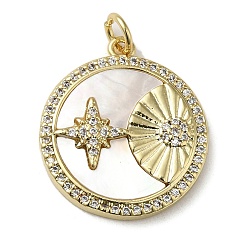 Real 18K Gold Plated Brass Micro Pave Cubic Zirconia Pendants, with Shell, Flat Round, Cadmium Free & Lead Free, Real 18K Gold Plated, 21.5x19x3.5mm, Hole: 3.4mm